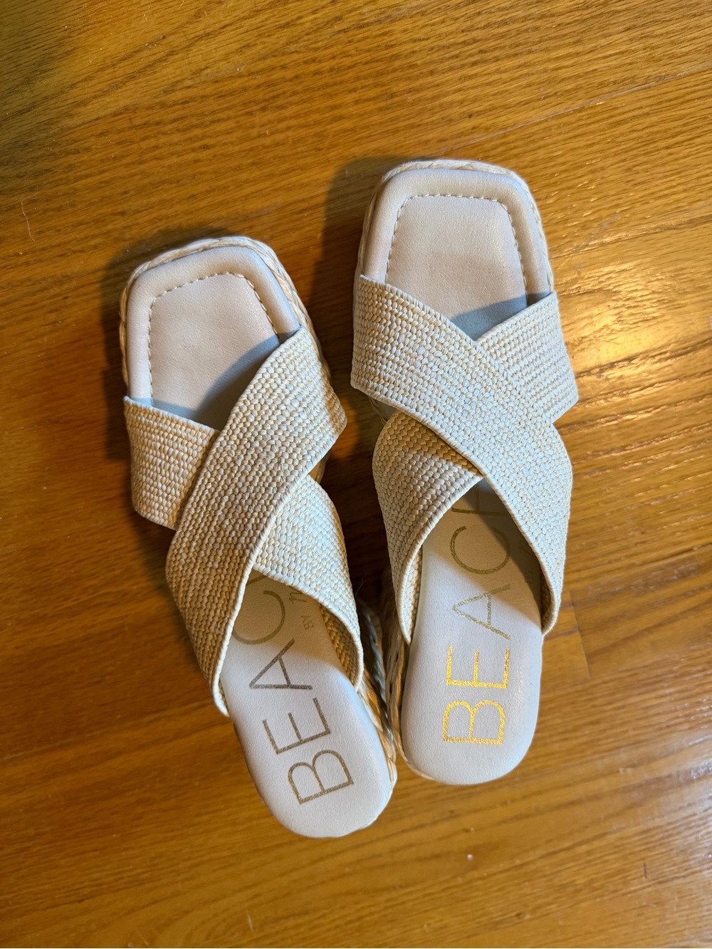 Beige Crisscross Slip-On Woven Mules
